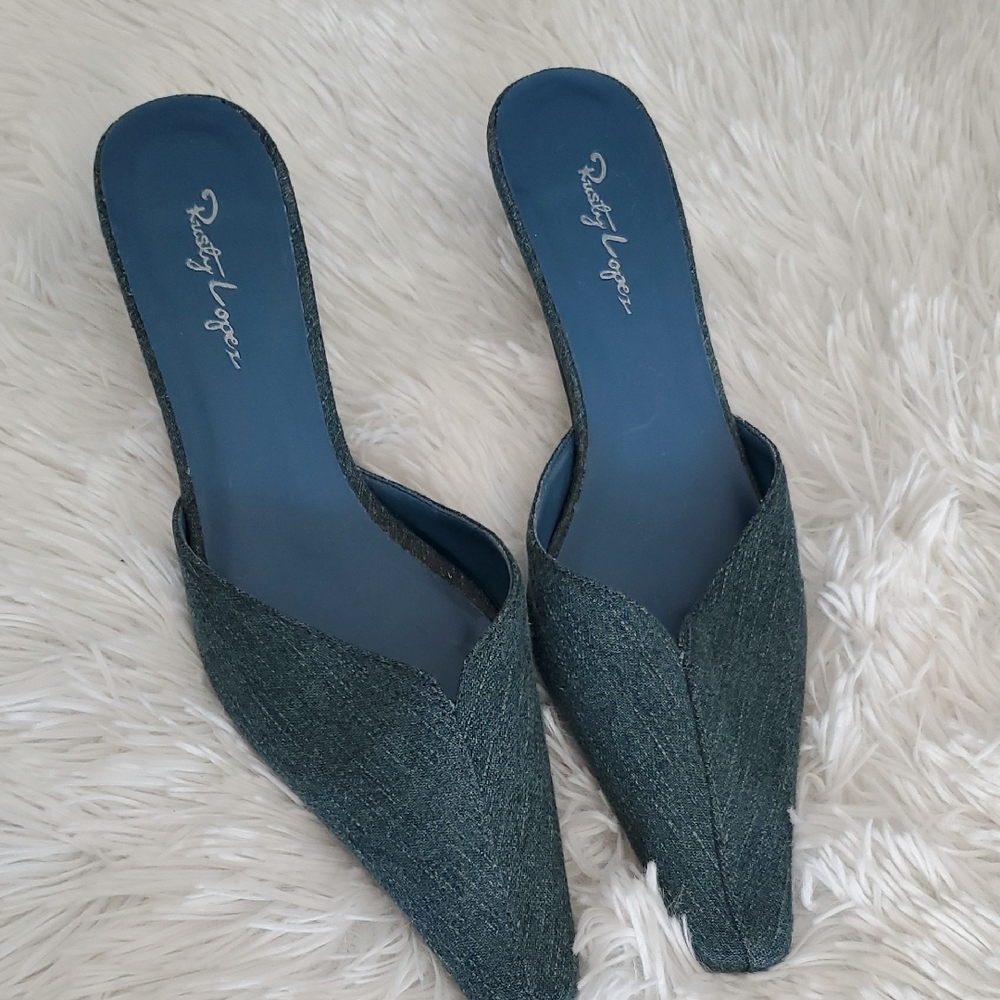 DENIM KITTEN HEEL MULES 6